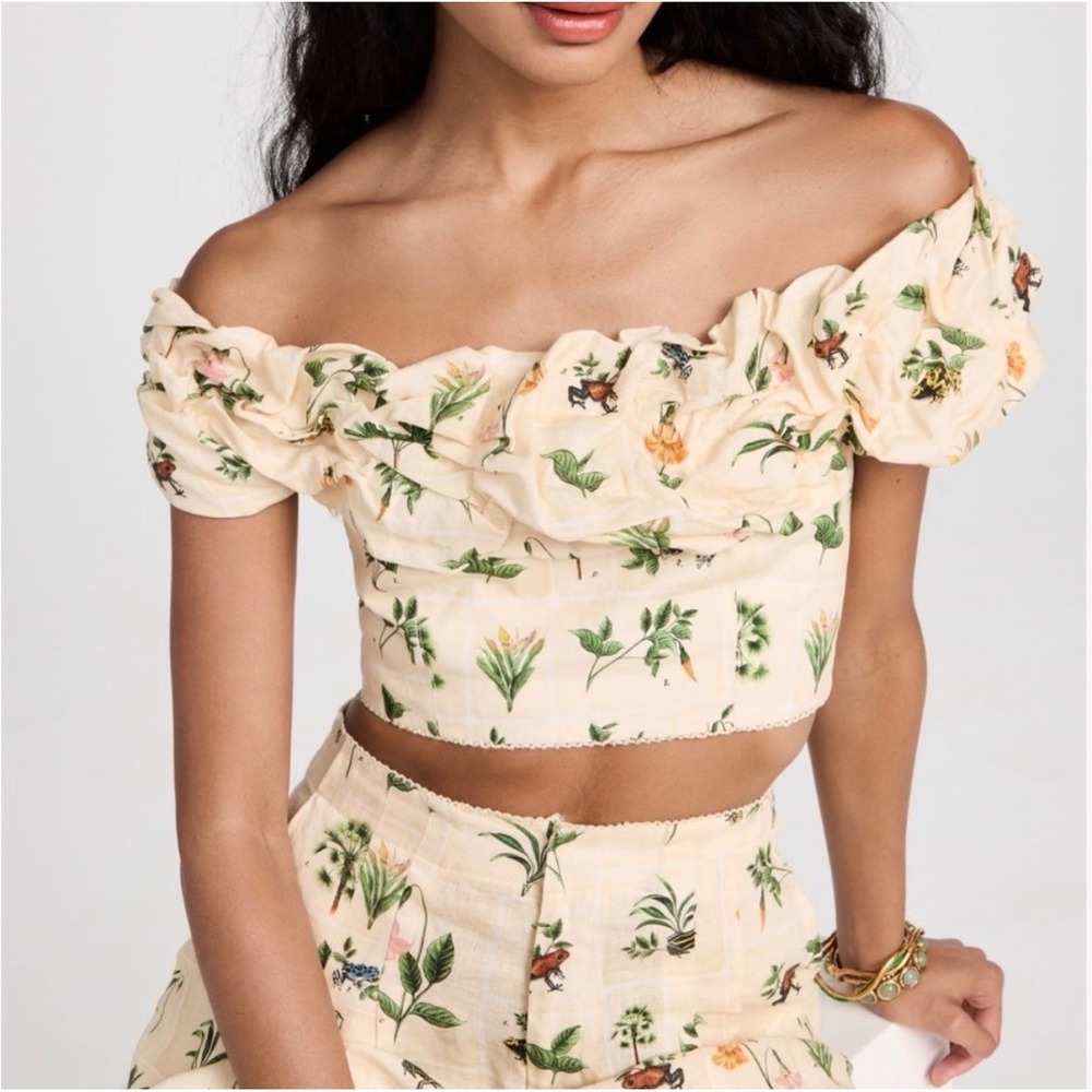 NWT Agua by Agua Bendita‎ Aceituna Ranas Linen Off-Shoulder Crop Top - Large